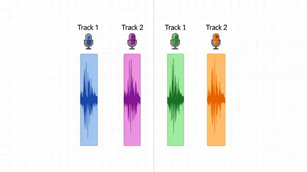 Four colored audio tracks with microphone icons demonstrating multitrack recording for podcasts.