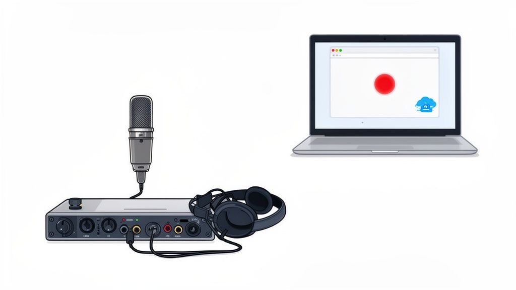 Illustration of a podcast recording setup including a mic, audio interface, headphones, and laptop.