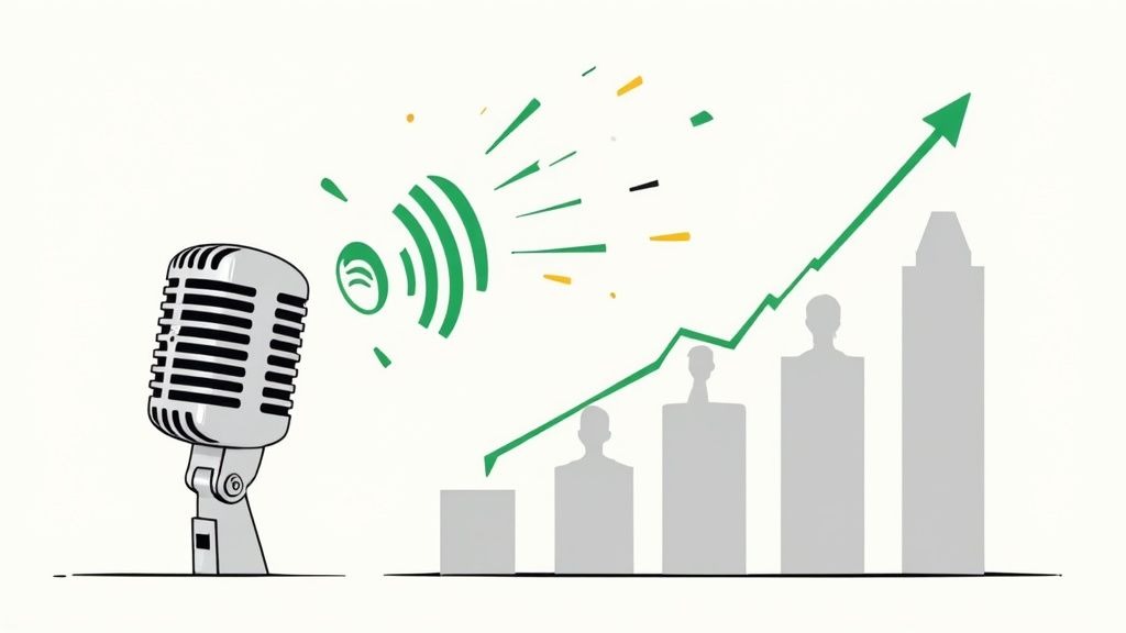 A person wearing headphones and using a laptop with a microphone nearby, suggesting a podcasting or audio editing session.