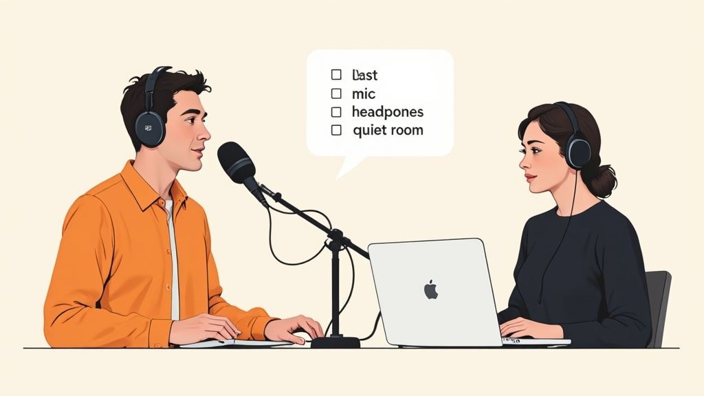 A person speaking into a professional podcast microphone in a home studio setup.