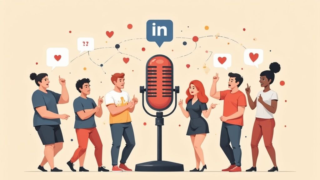 Diverse group of people gathered around vintage microphone discussing podcast with social media icons