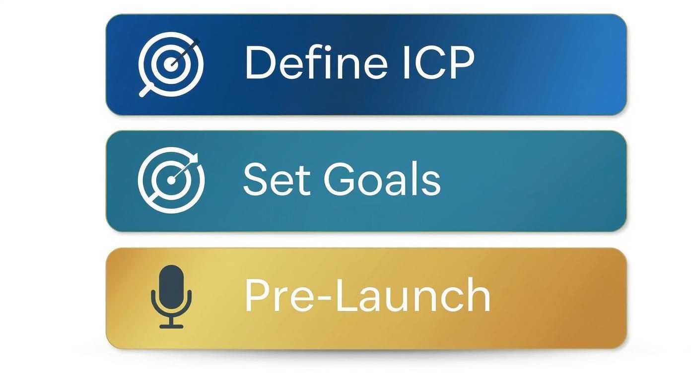 Three colorful buttons showing podcast launch phases: Define ICP, Set Goals, and Pre-Launch stages