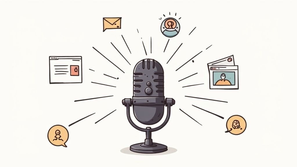 Podcast microphone surrounded by digital marketing icons including email, social media, and user profiles