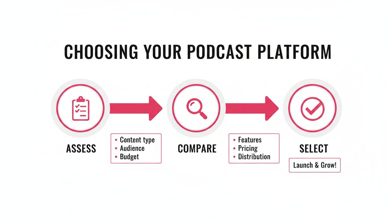 Flowchart outlining the steps to choose a podcast platform: assess, compare, and select.