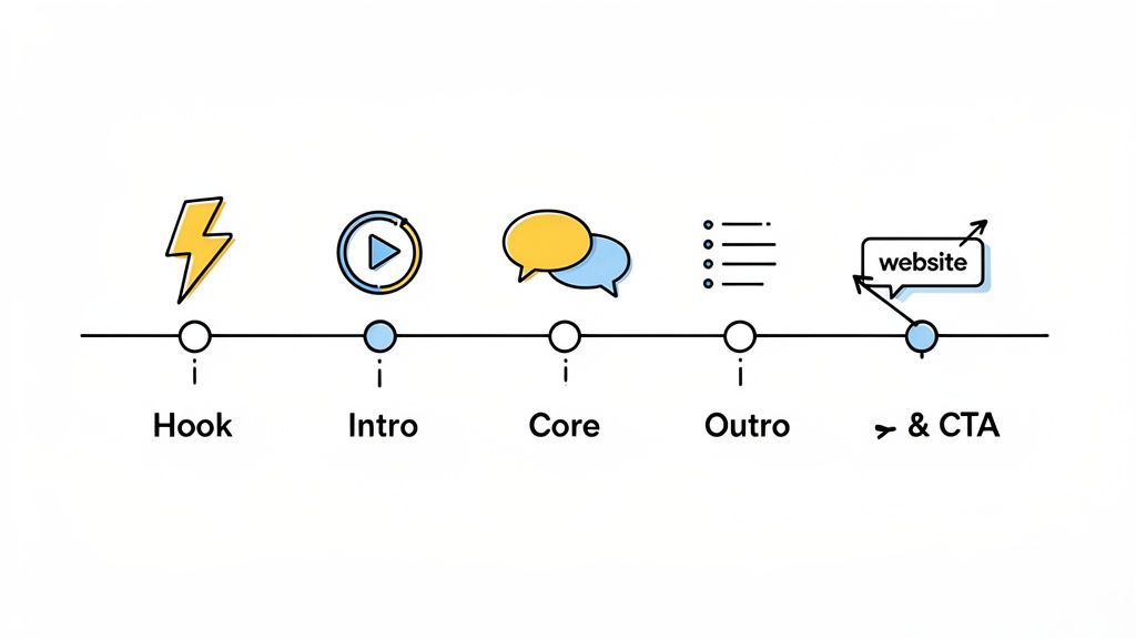 Timeline illustrating a podcast or video content structure with stages: Hook, Intro, Core, Outro, and CTA.