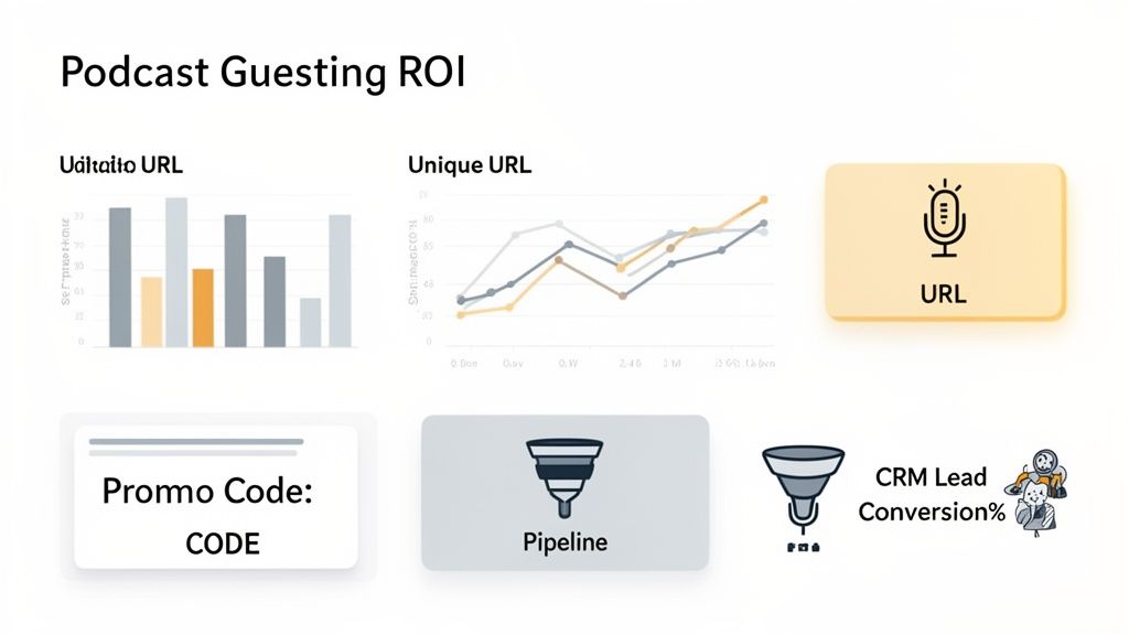 Visualizing podcast guesting ROI with unique URLs, promo codes, pipeline, and CRM lead conversion metrics.
