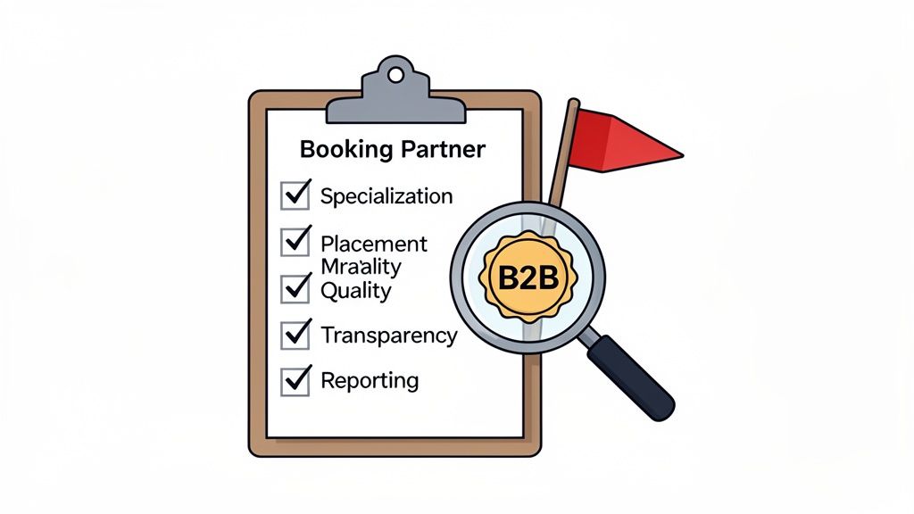 A checklist titled 'Booking Partner' with criteria like Specialization and Quality, highlighting B2B focus.
