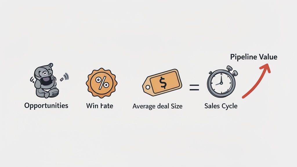 Illustration showing the sales pipeline value formula with opportunities, win rate, average deal size, and sales cycle.