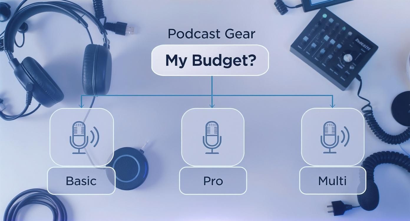 Podcast gear budget planning flowchart showing basic, pro, and multi-tier equipment options with microphones