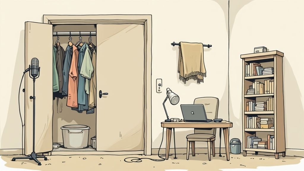 Home podcasting setup with microphone, desk, laptop, and closet in cozy room