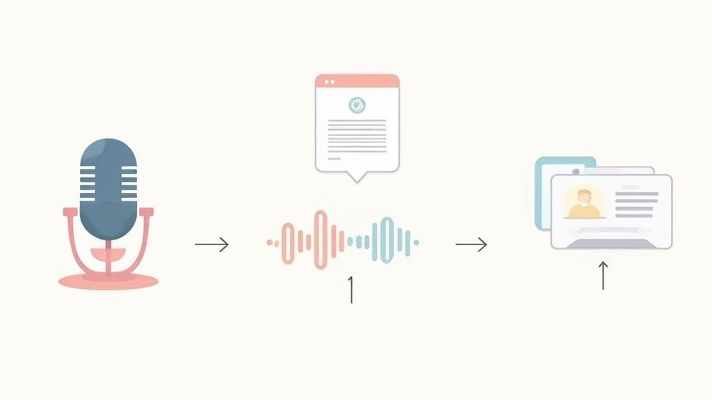 Podcast guest booking process workflow showing microphone, audio waveform, and profile presentation stages