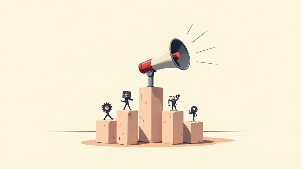 Stylized illustration of a megaphone on a central podium, with small figures representing various roles.