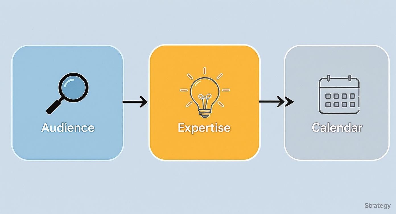 A strategic flowchart illustrating audience research, expertise development, and content calendar planning.