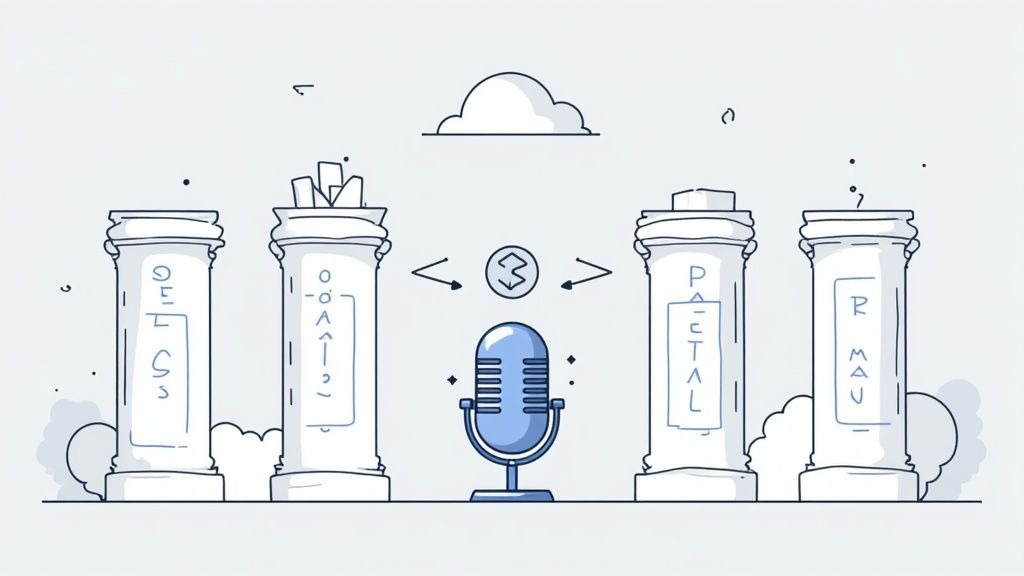 A microphone central to four labelled pillars and a cloud, illustrating a content strategy framework.