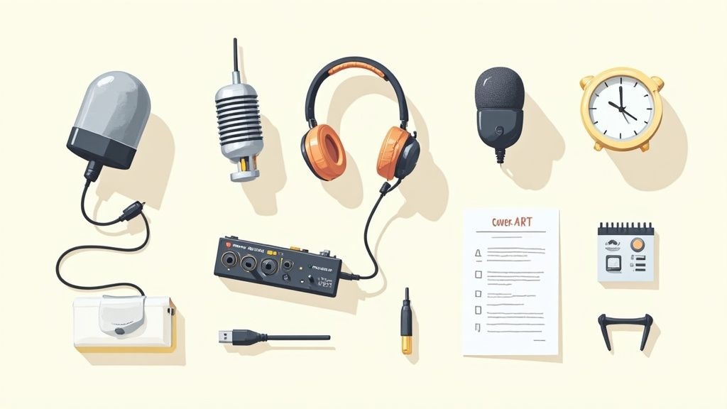A collection of podcasting essentials, including microphones, headphones, an audio interface, and recording accessories.