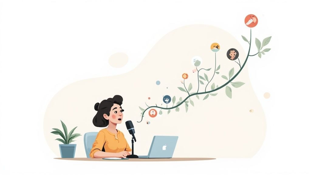 Illustration of a woman recording a podcast at her desk, symbolizing idea growth and community engagement.