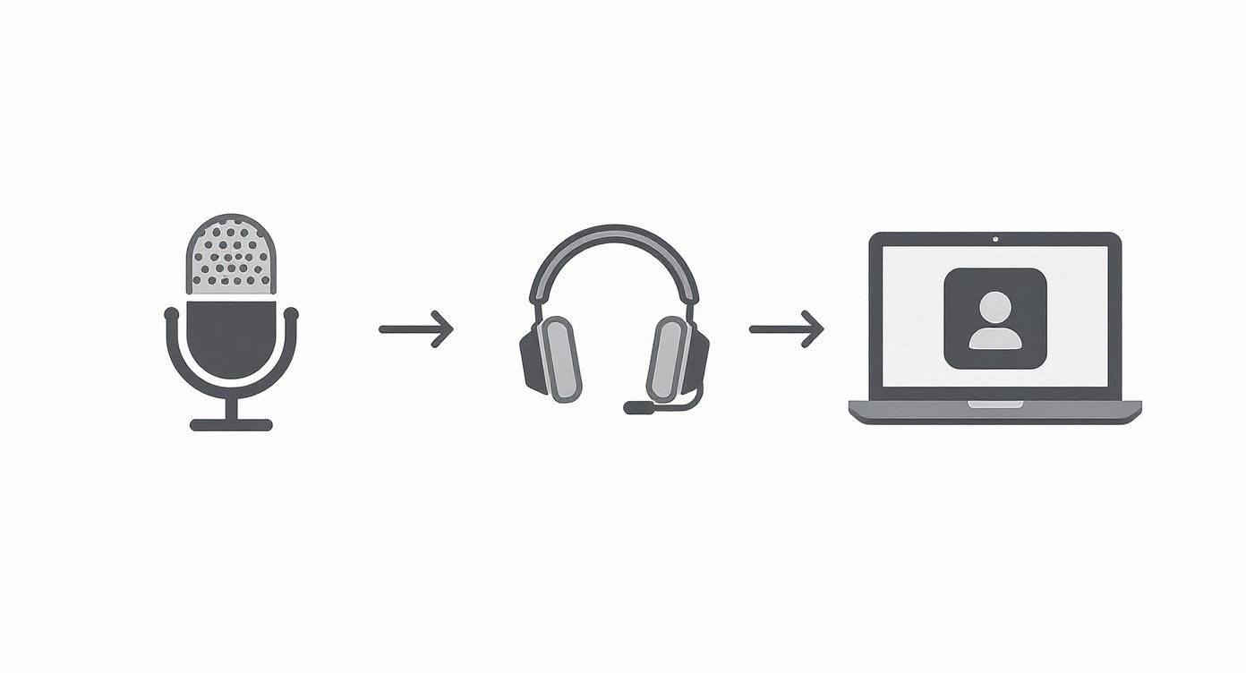 Diagram illustrating the podcasting process from microphone input to online presence on a laptop.