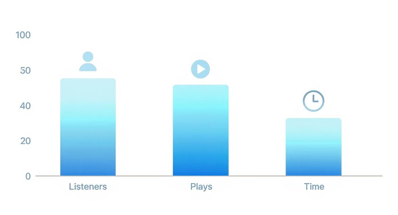 Bar chart displaying podcast analytics: Listeners (around 47), Plays (around 45), and Time (around 35).