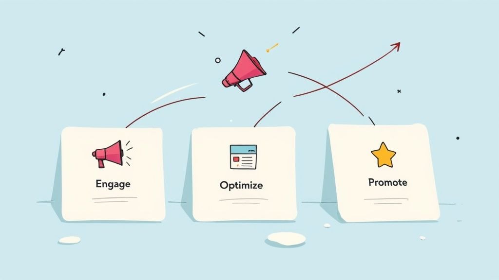 An illustration showing a three-step marketing process: Engage, Optimize, and Promote, with a megaphone symbol.
