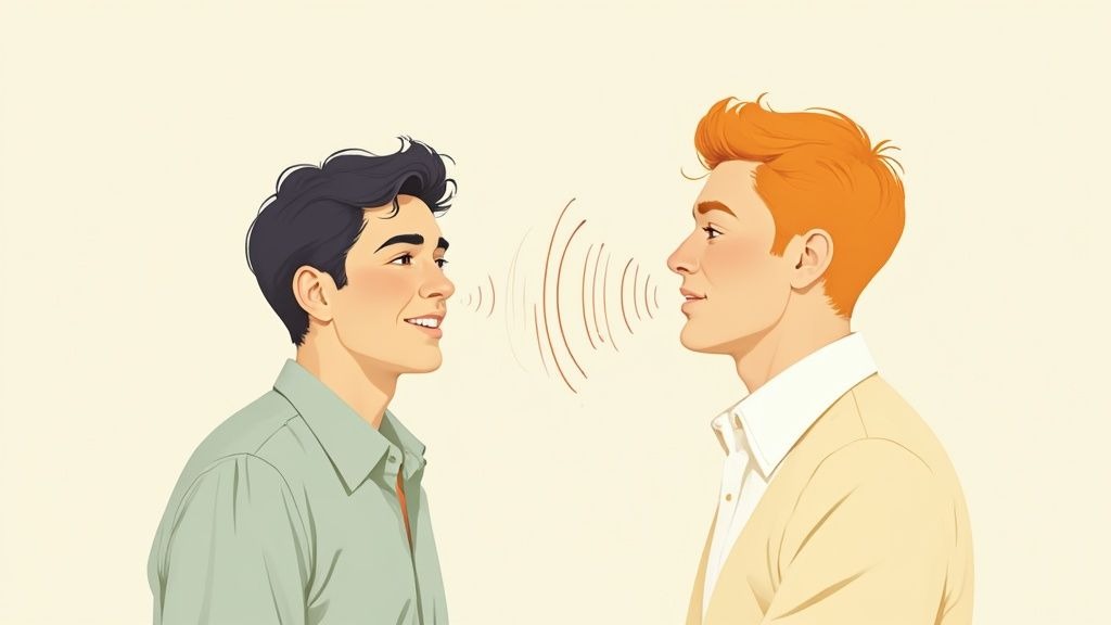 Illustration of two smiling men communicating, with sound waves emanates from one's mouth.