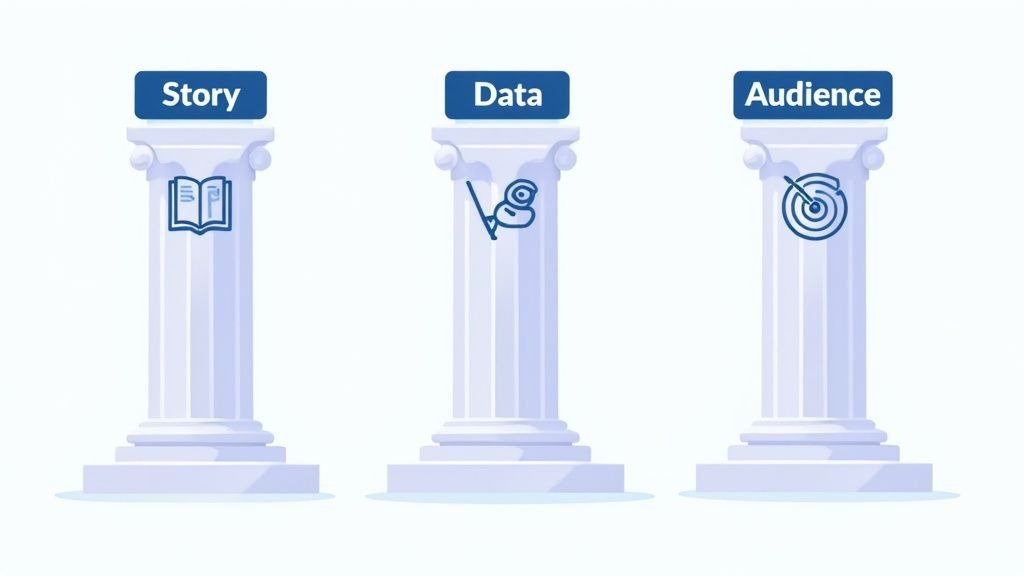 Three white pillars representing Story, Data, and Audience, each with a relevant icon, for effective communication.