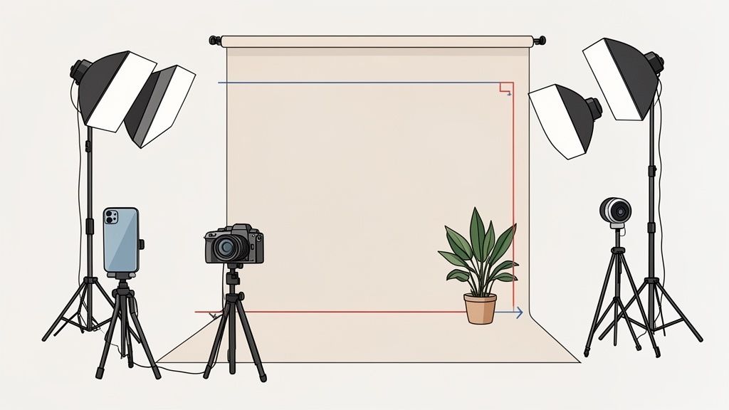 A complete video and photography studio setup with lighting, cameras, a backdrop, and a plant.