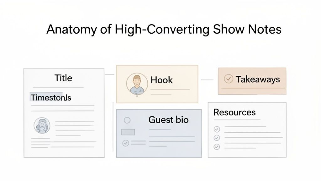 Diagram illustrating the anatomy of high-converting podcast show notes, detailing sections like title, hook, and takeaways.