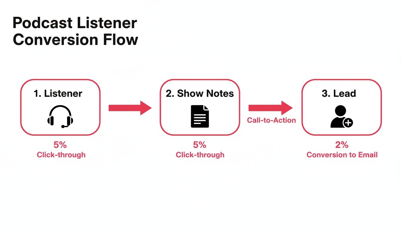 Flowchart illustrating a podcast listener conversion from listener to lead, showing click-through and conversion rates.