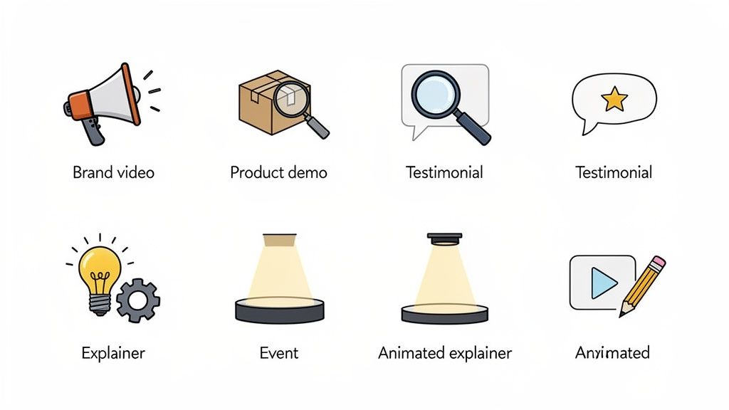 Eight icons representing various video production services including brand video, product demo, testimonial, explainer, and animated video.