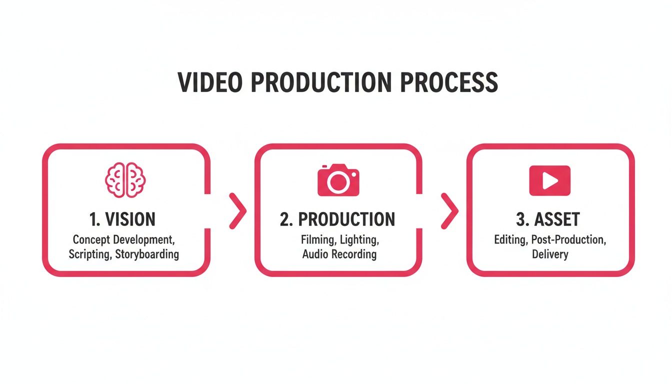 Infographic illustrating the three-step video production process: vision, production, and asset, with details for each stage.