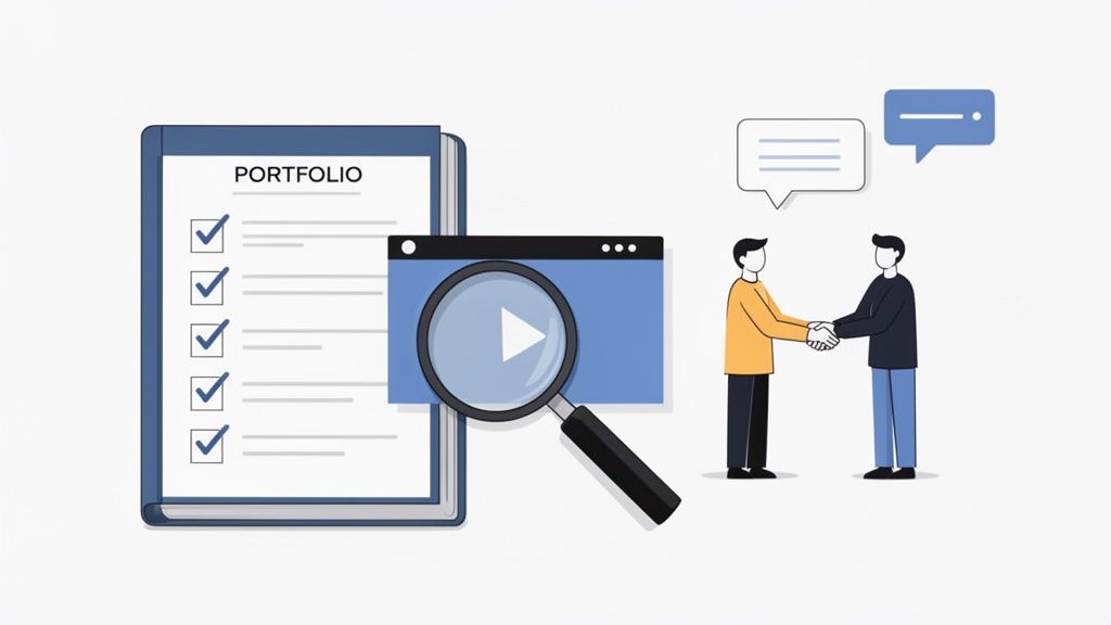 Illustration of a video portfolio, video search, and two men shaking hands in a business meeting.