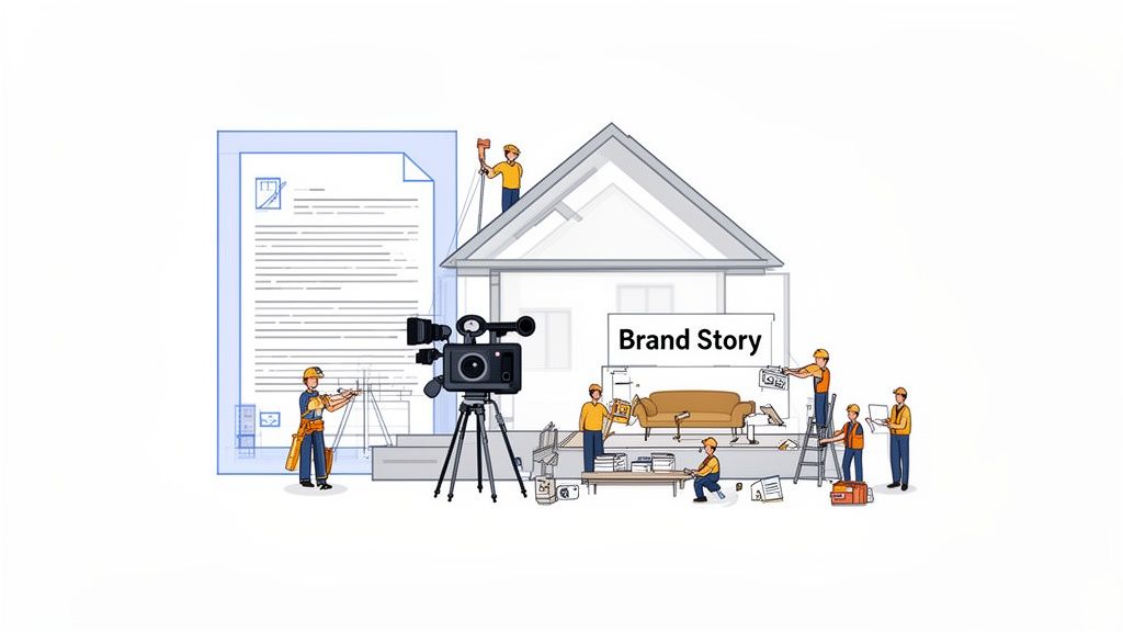 Illustration of a team building a brand story, featuring video production, blueprints, and house construction.