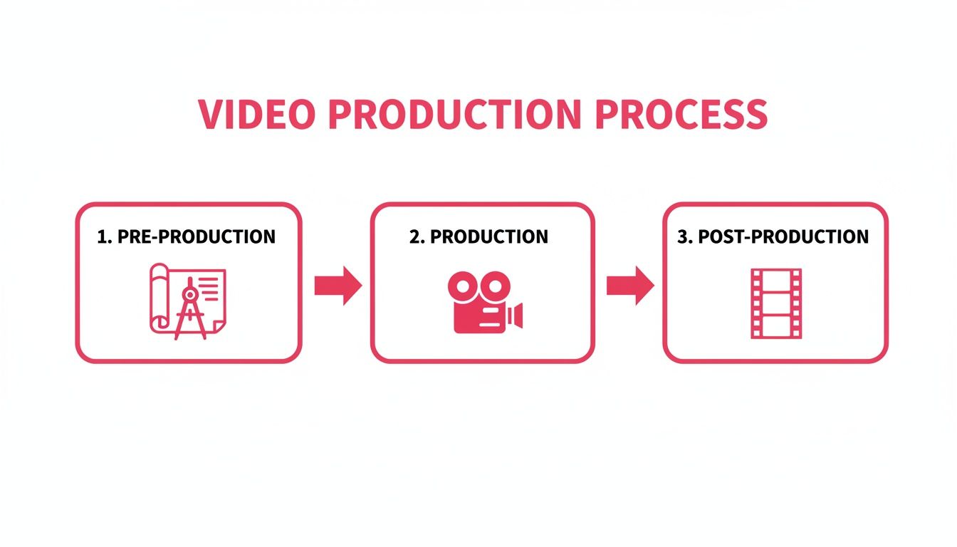 A diagram illustrating the three phases of video production: pre-production, production, and post-production, with corresponding icons.