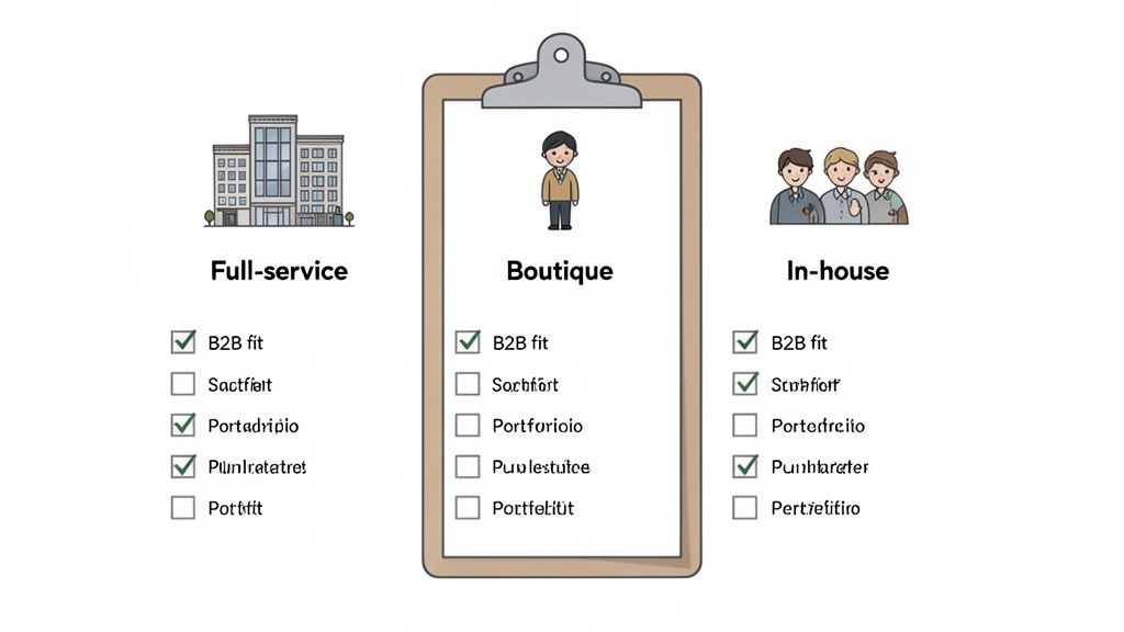 A checklist comparing features of Full-service, Boutique, and In-house options, highlighting B2B fit.