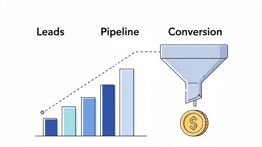 A graphic depicting the sales process from leads through a growing pipeline to monetary conversion.