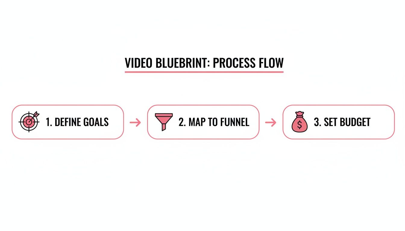 A video blueprint process flow with three steps: define goals, map to funnel, and set budget.
