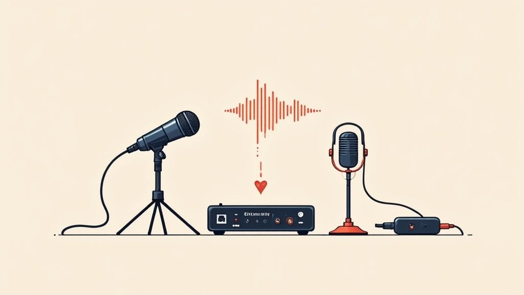 Illustration of audio recording equipment, including two microphones, an audio interface, and a sound wave with a heart.