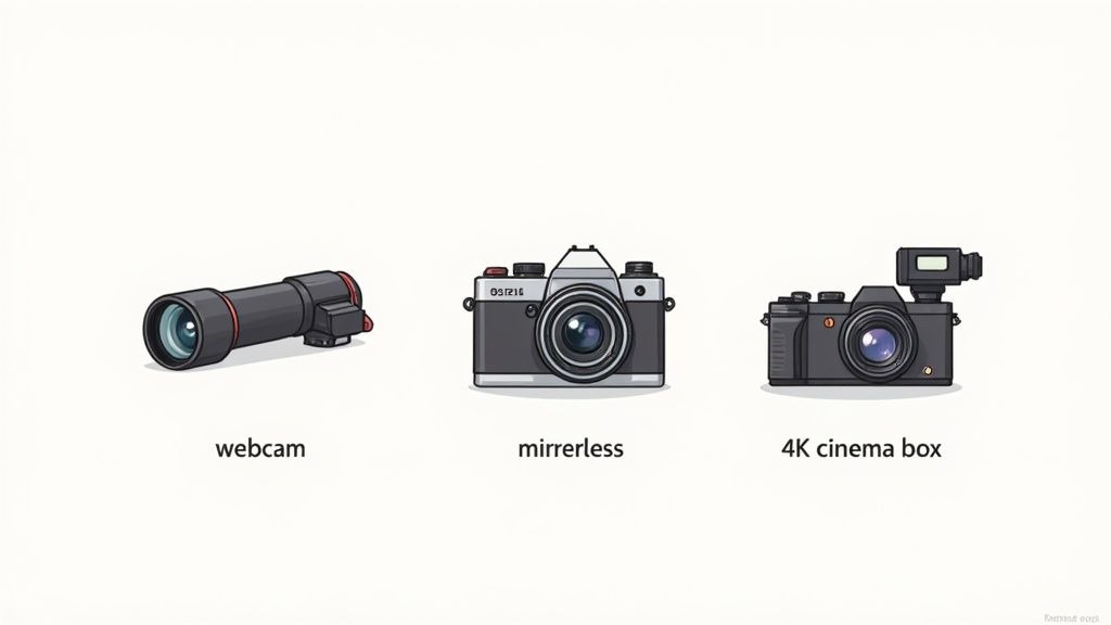 Three distinct camera types: a tubular webcam, a classic mirrorless camera, and a modern 4K cinema box camera.