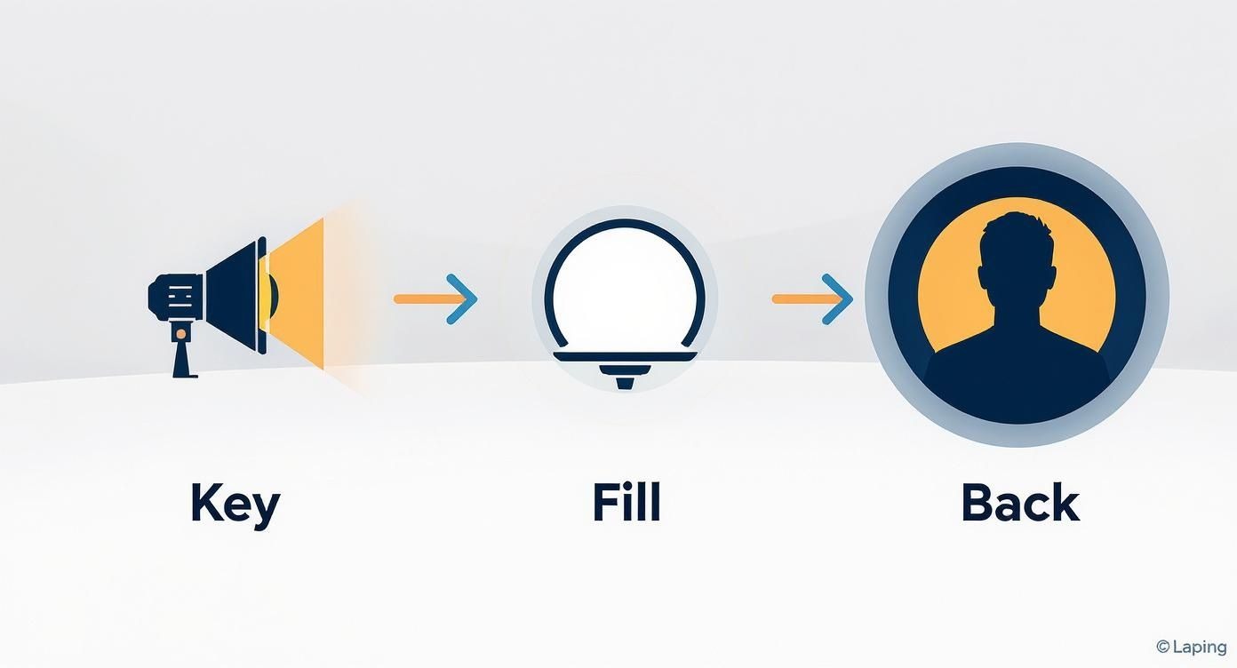 Diagram illustrating the three-point lighting setup: key light, fill light, and back light.