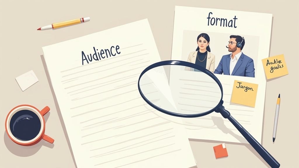 Overhead view of a desk with podcast planning documents, magnifying glass, coffee, and sticky notes.