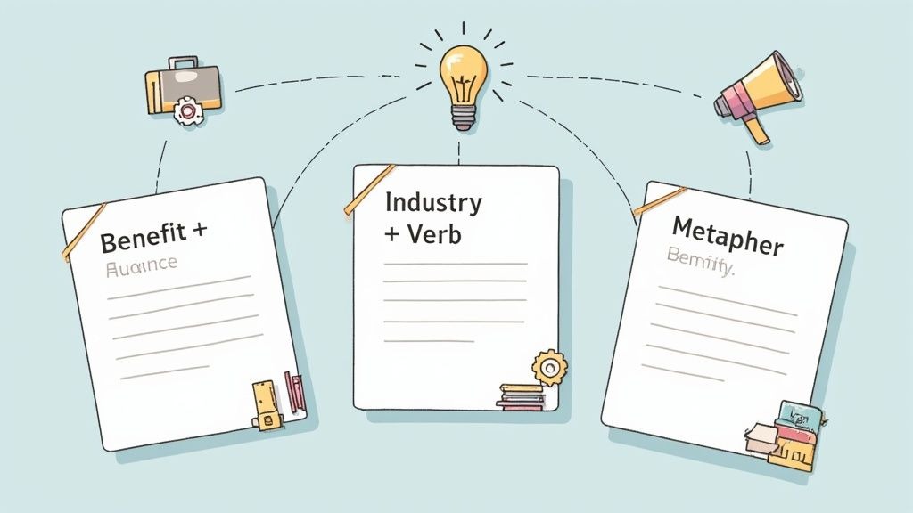 Illustration of a creative idea generation framework with three concept documents: Benefit + Audience, Industry + Verb, and Metaphor.