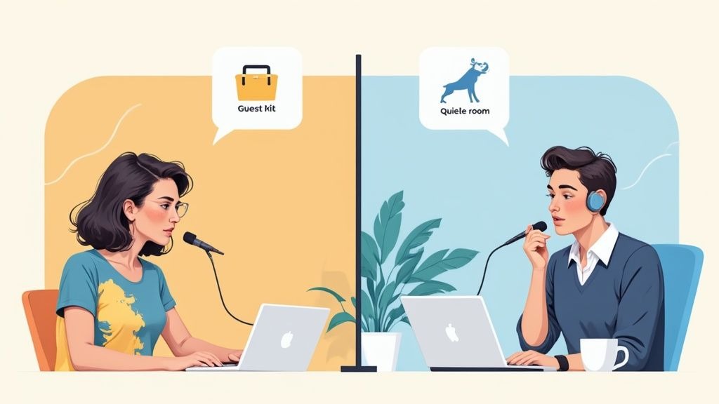 Side-by-side illustration of two podcasters, a woman and a man, recording with laptops and microphones.