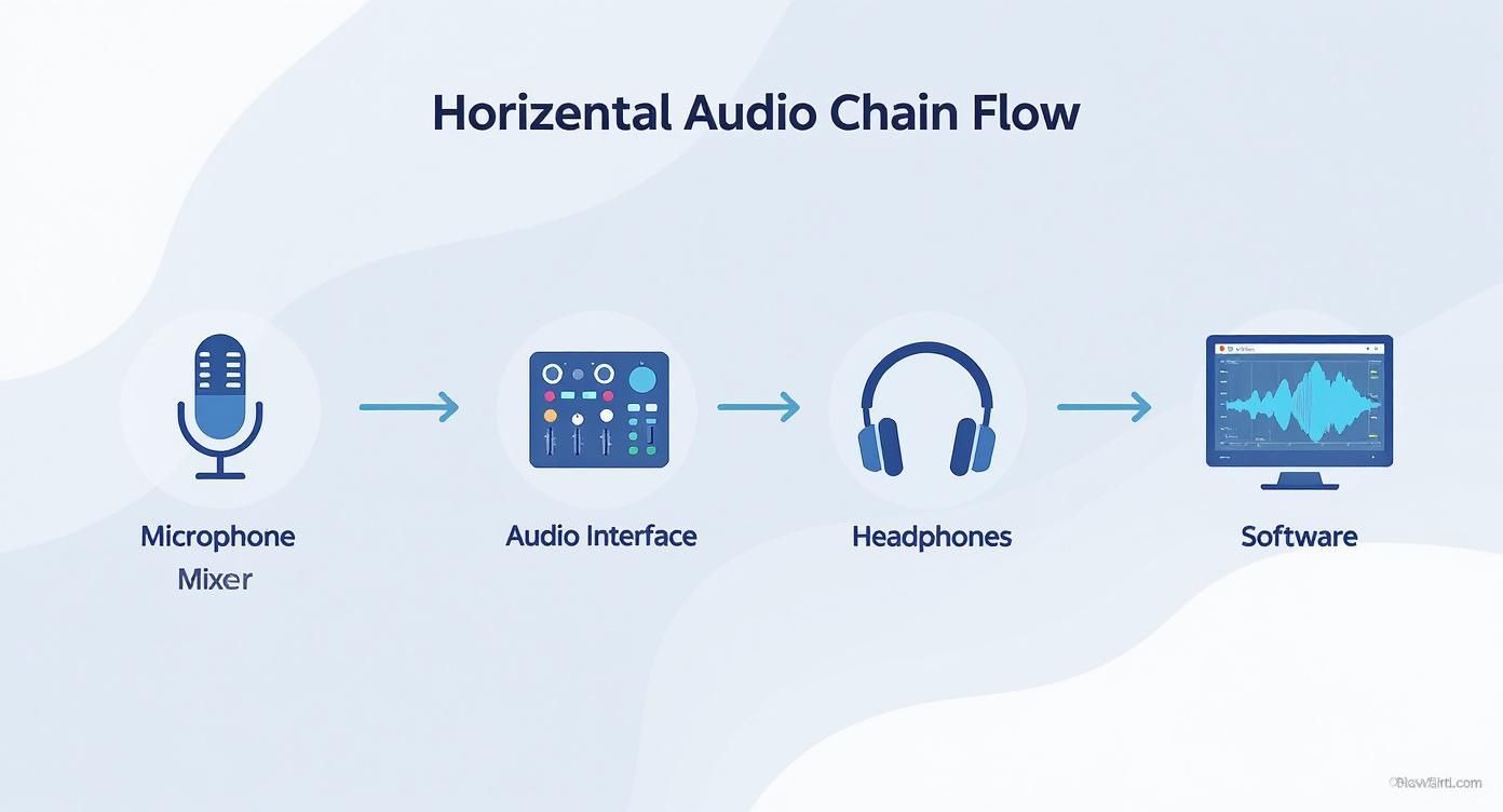 Diagram illustrating a horizontal audio chain flow: microphone mixer, audio interface, headphones, and software.