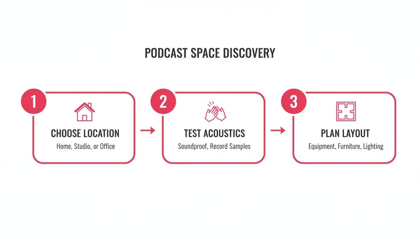 A 3-step flowchart for podcast space discovery: choose location, test acoustics, and plan layout.