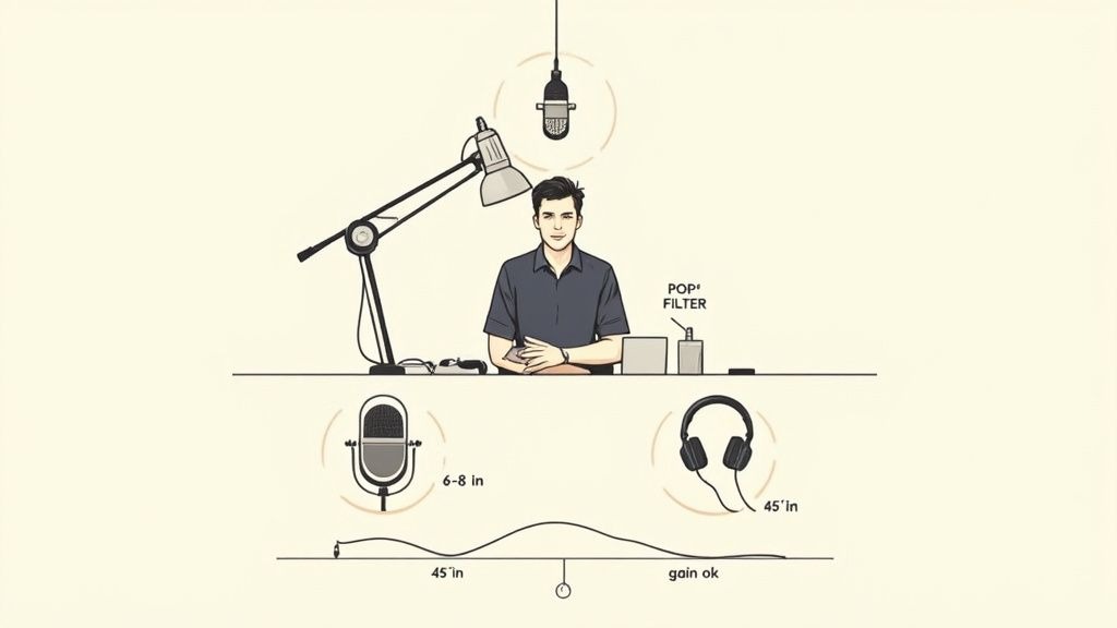 An illustration of a podcast recording setup with a man at a desk, microphones, headphones, and a pop filter.