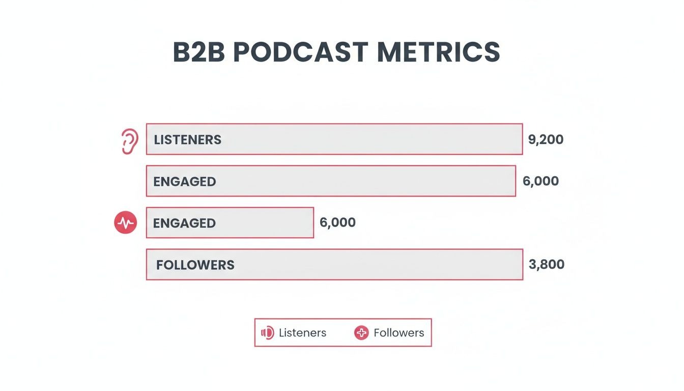 A bar chart visualizing B2B podcast metrics: 9,200 listeners, 6,000 engaged, and 3,800 followers.