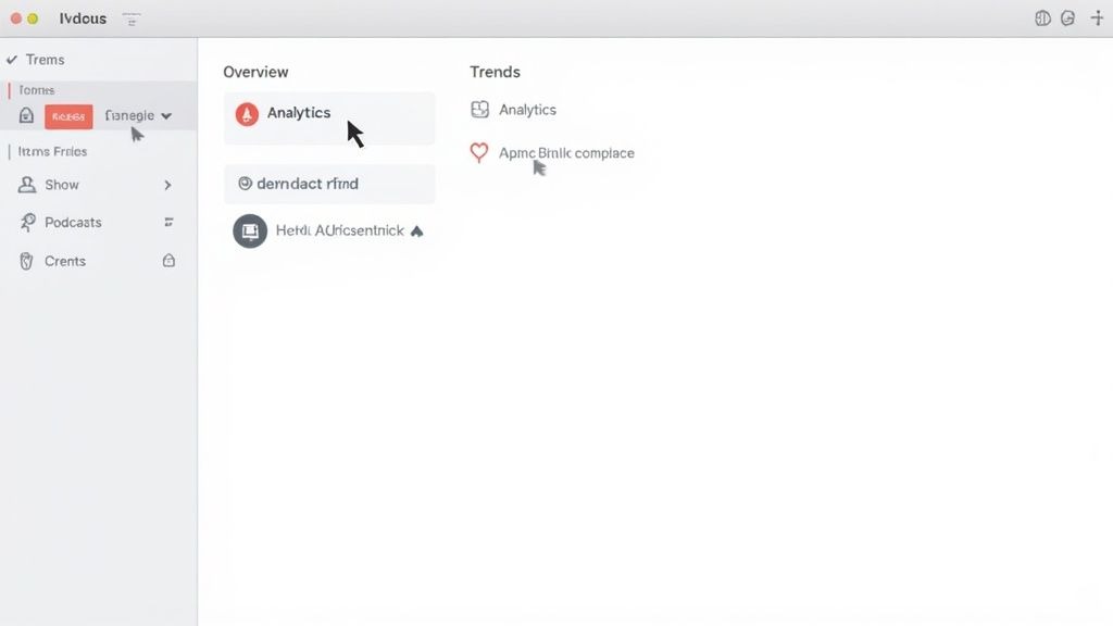 A light-themed dashboard interface with a sidebar menu, overview section, and trends section.