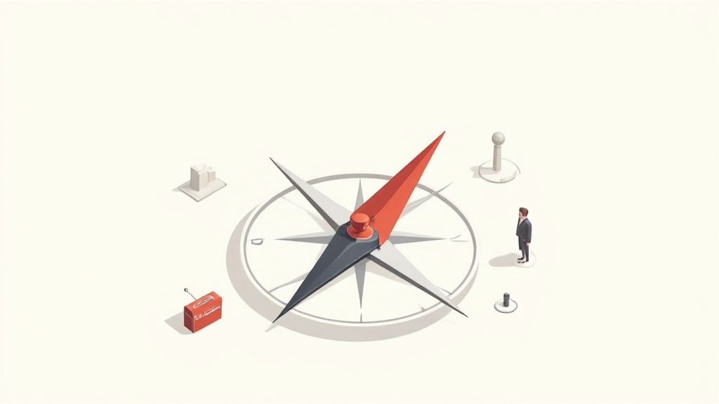 A minimalist illustration of a businessman standing next to a large compass, indicating direction.