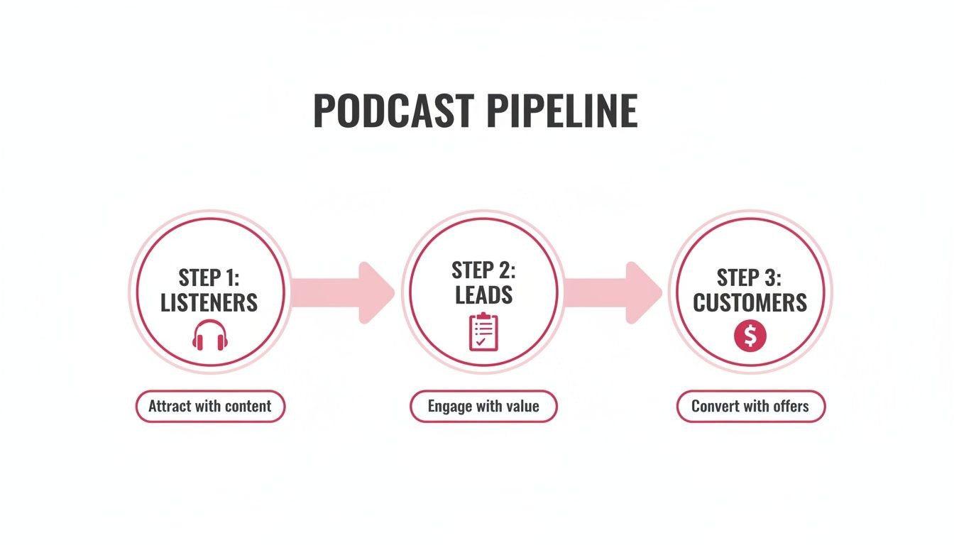 A podcast pipeline infographic showing steps from listeners to customers: attract with content, engage with value, convert with offers.
