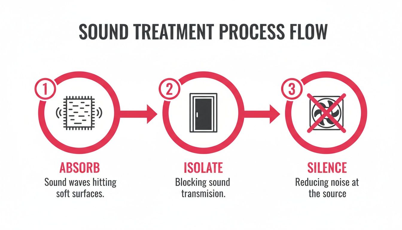 A three-step sound treatment process flow: absorb, isolate, and silence for effective noise reduction.